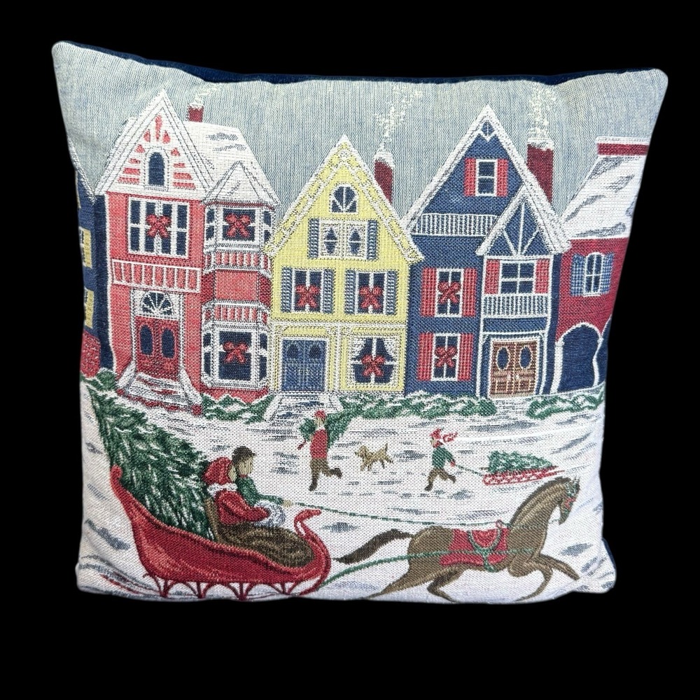 Vtg. Christmas Tapestry throw Pillow Horse Sleigh Winter Scene Holiday Decor 15"